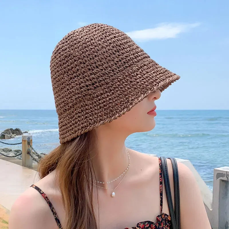 Summer Woven Straw Hat Ladies Beach Hat Sun Hat Wide Brim Soft Simple Fisherman Hat Panama Straw Dome Woven Bucket Hat