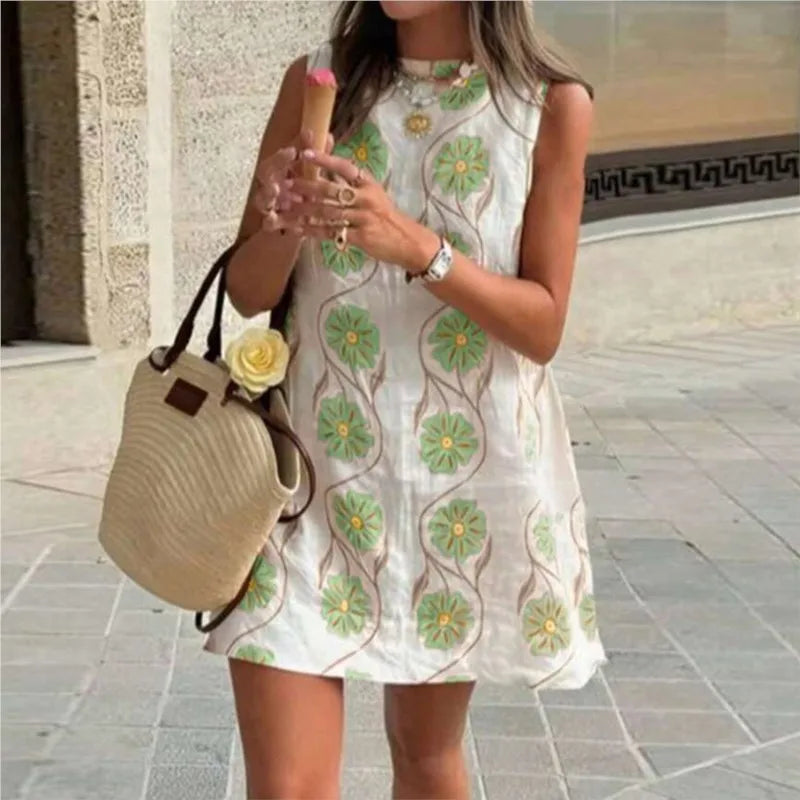 2025 Summer New Fresh Floral Print Mini Dresses Women Loose Casual Sundress Sleeveless O-neck A-line Beach Vacation Dress Robe