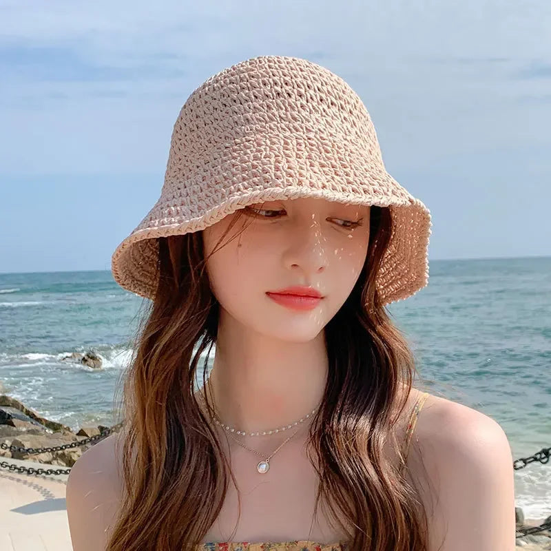 Summer Woven Straw Hat Ladies Beach Hat Sun Hat Wide Brim Soft Simple Fisherman Hat Panama Straw Dome Woven Bucket Hat
