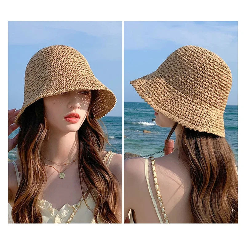 Summer Woven Straw Hat Ladies Beach Hat Sun Hat Wide Brim Soft Simple Fisherman Hat Panama Straw Dome Woven Bucket Hat
