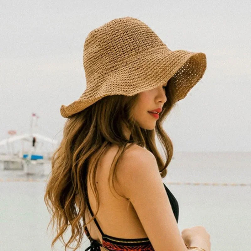 Summer Woven Straw Hat Ladies Beach Hat Sun Hat Wide Brim Soft Simple Fisherman Hat Panama Straw Dome Woven Bucket Hat