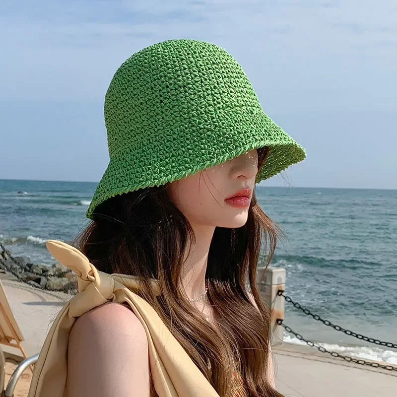 Summer Woven Straw Hat Ladies Beach Hat Sun Hat Wide Brim Soft Simple Fisherman Hat Panama Straw Dome Woven Bucket Hat