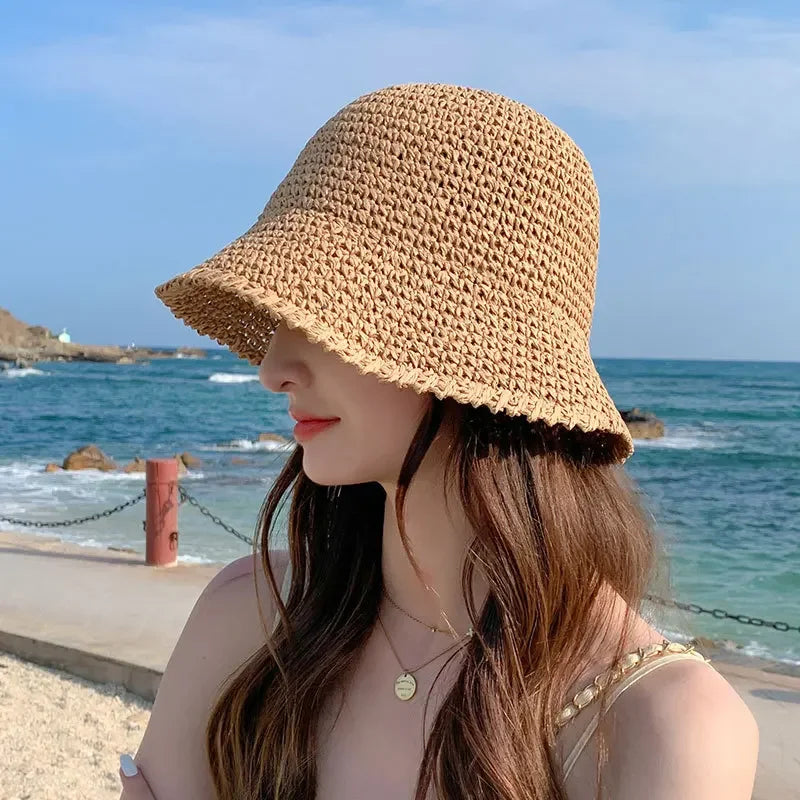 Summer Woven Straw Hat Ladies Beach Hat Sun Hat Wide Brim Soft Simple Fisherman Hat Panama Straw Dome Woven Bucket Hat
