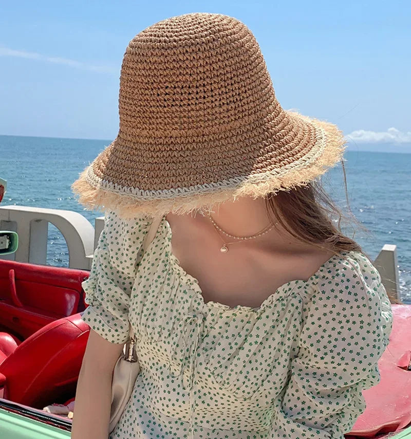 Summer Woven Straw Hat Ladies Beach Hat Sun Hat Wide Brim Soft Simple Fisherman Hat Panama Straw Dome Woven Bucket Hat