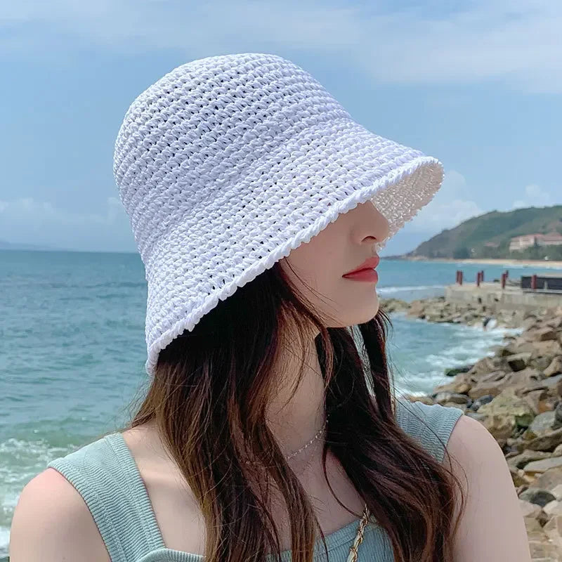 Summer Woven Straw Hat Ladies Beach Hat Sun Hat Wide Brim Soft Simple Fisherman Hat Panama Straw Dome Woven Bucket Hat