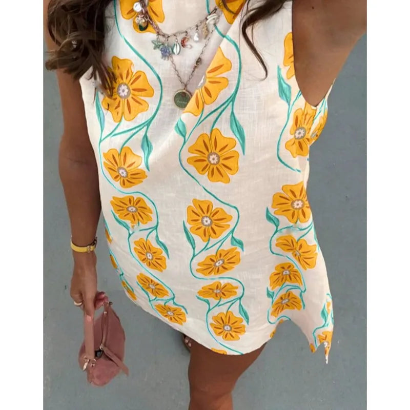 2025 Summer New Fresh Floral Print Mini Dresses Women Loose Casual Sundress Sleeveless O-neck A-line Beach Vacation Dress Robe