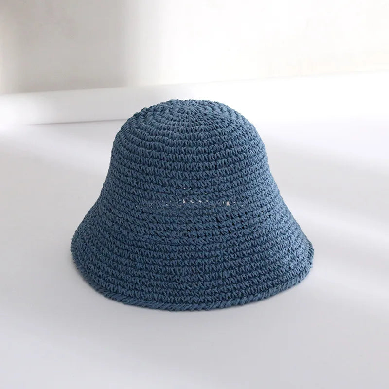 Summer Woven Straw Hat Ladies Beach Hat Sun Hat Wide Brim Soft Simple Fisherman Hat Panama Straw Dome Woven Bucket Hat