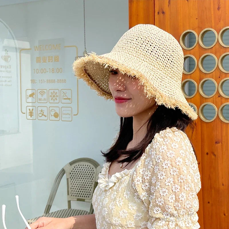 Summer Woven Straw Hat Ladies Beach Hat Sun Hat Wide Brim Soft Simple Fisherman Hat Panama Straw Dome Woven Bucket Hat
