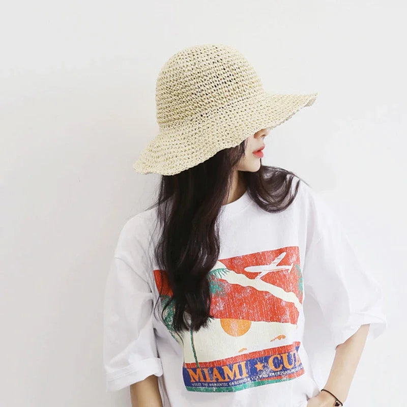 Summer Woven Straw Hat Ladies Beach Hat Sun Hat Wide Brim Soft Simple Fisherman Hat Panama Straw Dome Woven Bucket Hat