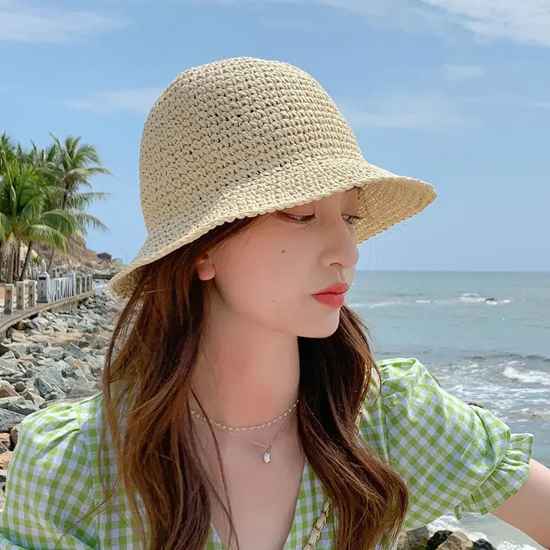 Summer Woven Straw Hat Ladies Beach Hat Sun Hat Wide Brim Soft Simple Fisherman Hat Panama Straw Dome Woven Bucket Hat