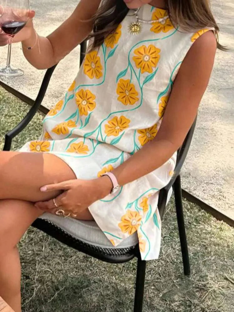 2025 Summer New Fresh Floral Print Mini Dresses Women Loose Casual Sundress Sleeveless O-neck A-line Beach Vacation Dress Robe