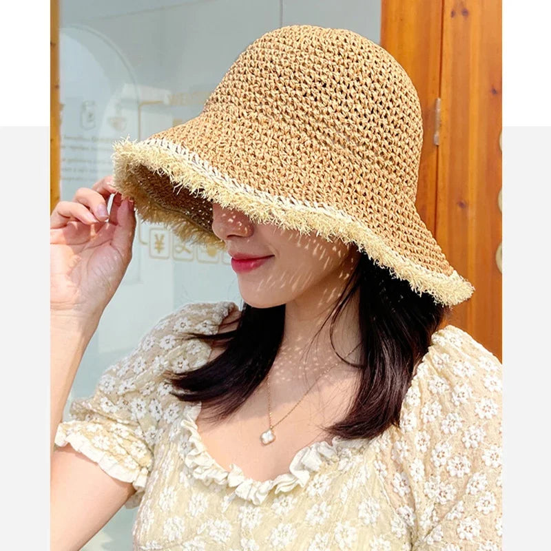 Summer Woven Straw Hat Ladies Beach Hat Sun Hat Wide Brim Soft Simple Fisherman Hat Panama Straw Dome Woven Bucket Hat