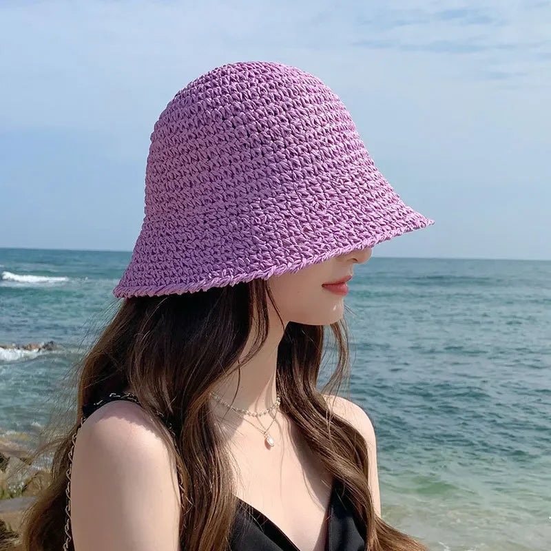 Summer Woven Straw Hat Ladies Beach Hat Sun Hat Wide Brim Soft Simple Fisherman Hat Panama Straw Dome Woven Bucket Hat