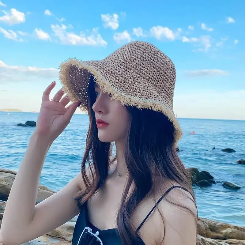Summer Woven Straw Hat Ladies Beach Hat Sun Hat Wide Brim Soft Simple Fisherman Hat Panama Straw Dome Woven Bucket Hat