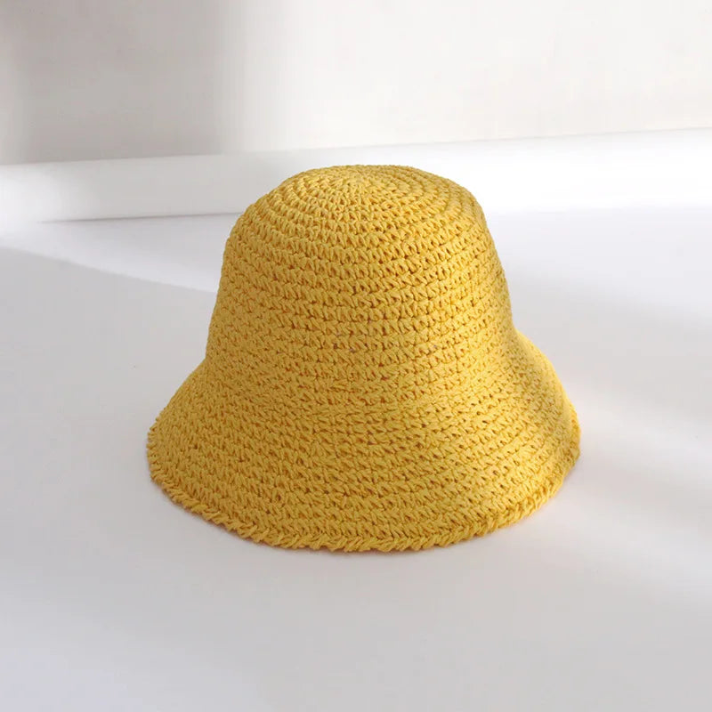 Summer Woven Straw Hat Ladies Beach Hat Sun Hat Wide Brim Soft Simple Fisherman Hat Panama Straw Dome Woven Bucket Hat