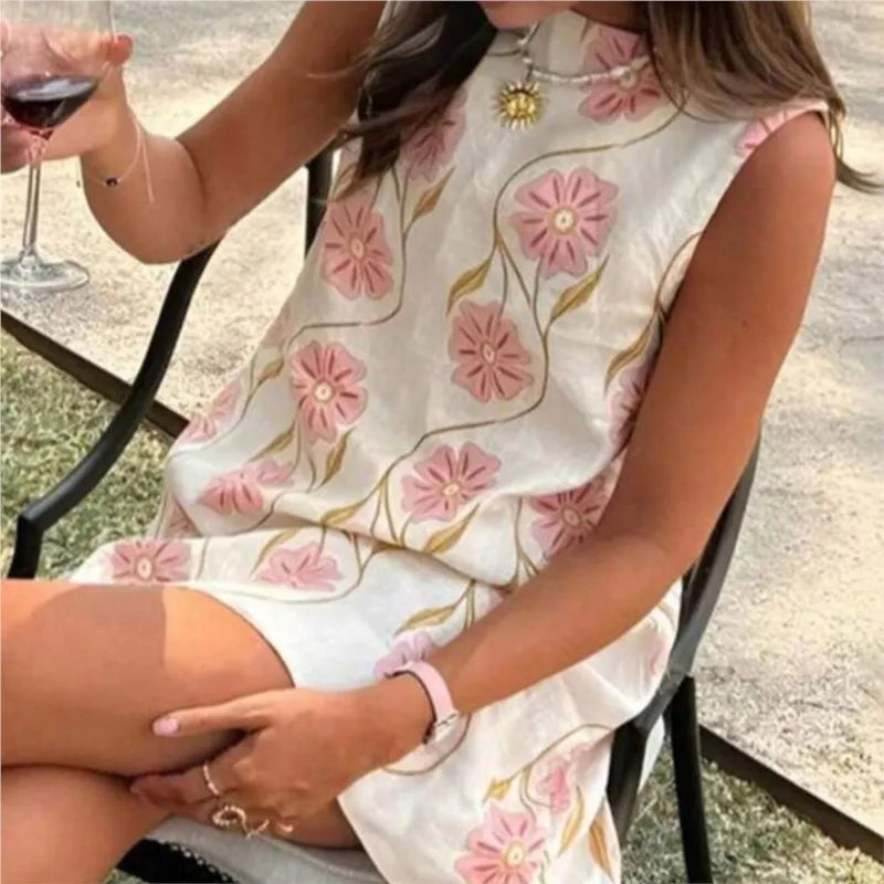 2025 Summer New Fresh Floral Print Mini Dresses Women Loose Casual Sundress Sleeveless O-neck A-line Beach Vacation Dress Robe