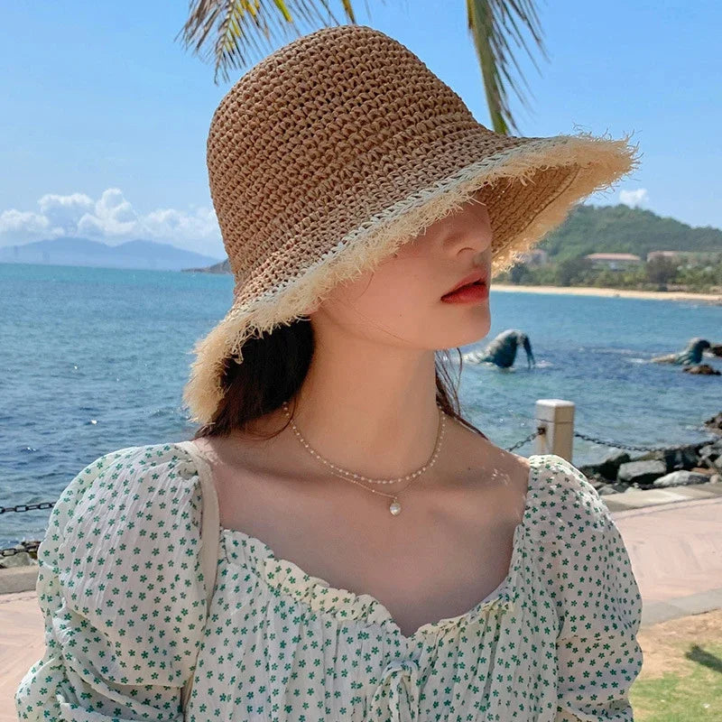 Summer Woven Straw Hat Ladies Beach Hat Sun Hat Wide Brim Soft Simple Fisherman Hat Panama Straw Dome Woven Bucket Hat