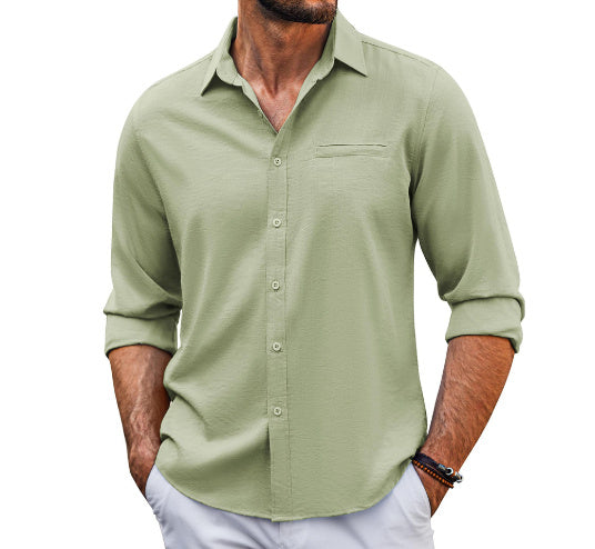 Casual  Long Sleeve Shirt With Pocket Lace Polo Collar Solid Color Button Mens Clothing