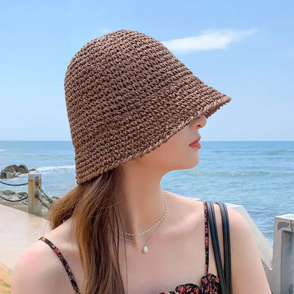 Summer Woven Straw Hat Ladies Beach Hat Sun Hat Wide Brim Soft Simple Fisherman Hat Panama Straw Dome Woven Bucket Hat