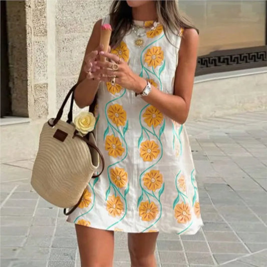 2025 Summer New Fresh Floral Print Mini Dresses Women Loose Casual Sundress Sleeveless O-neck A-line Beach Vacation Dress Robe