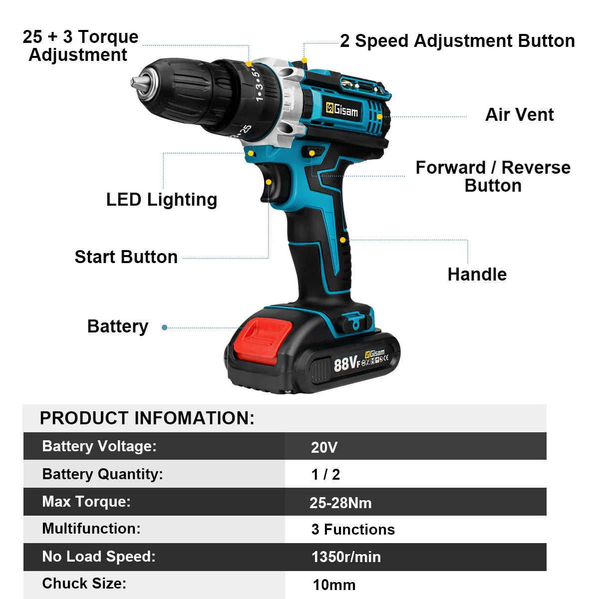 21V Cordless Drill Electric Screwdriver Electric Impact Drill Mini Wireless Power Driver DC Lithium-Ion Battery Power Tools