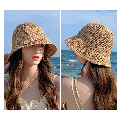 Summer Woven Straw Hat Ladies Beach Hat Sun Hat Wide Brim Soft Simple Fisherman Hat Panama Straw Dome Woven Bucket Hat