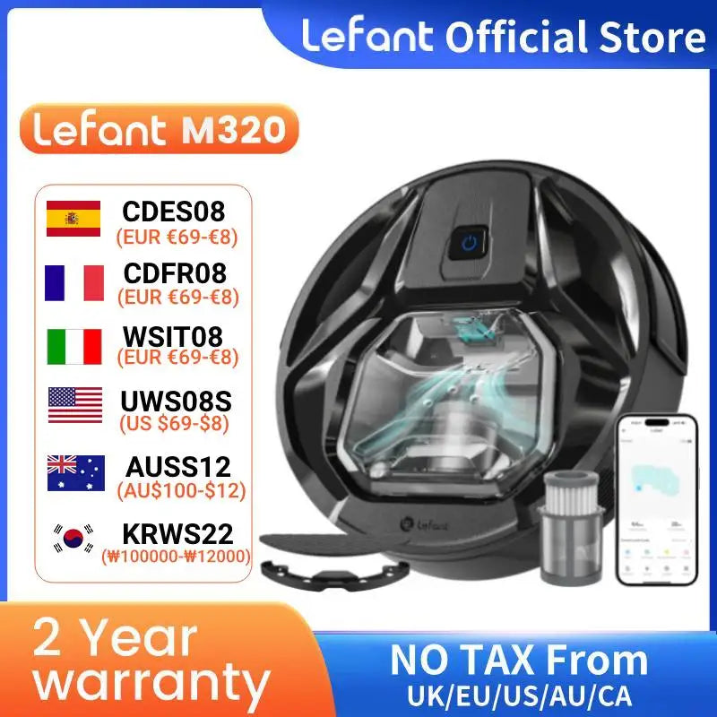 Lefant M320 6000Pa Powerful Suction Robot Vacuum Cleaner with Mop ,210 Mins Runtime,800ML Visible Dustbin,Carpet Detection