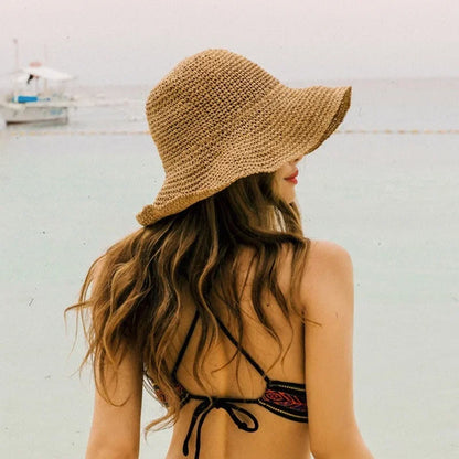 Summer Woven Straw Hat Ladies Beach Hat Sun Hat Wide Brim Soft Simple Fisherman Hat Panama Straw Dome Woven Bucket Hat