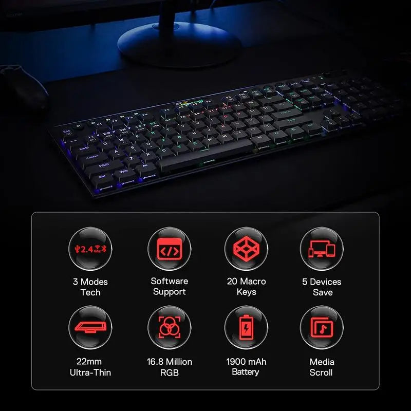 REDRAGON Horus K618 RGB support Bluetooth 5.0 wireless USB 2.4G 3 mode Mechanical Gaming Keyboard 104 Keys for Compute PC Laptop