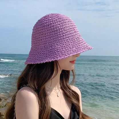Summer Woven Straw Hat Ladies Beach Hat Sun Hat Wide Brim Soft Simple Fisherman Hat Panama Straw Dome Woven Bucket Hat