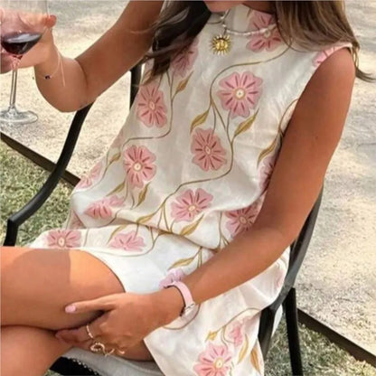 2025 Summer New Fresh Floral Print Mini Dresses Women Loose Casual Sundress Sleeveless O-neck A-line Beach Vacation Dress Robe