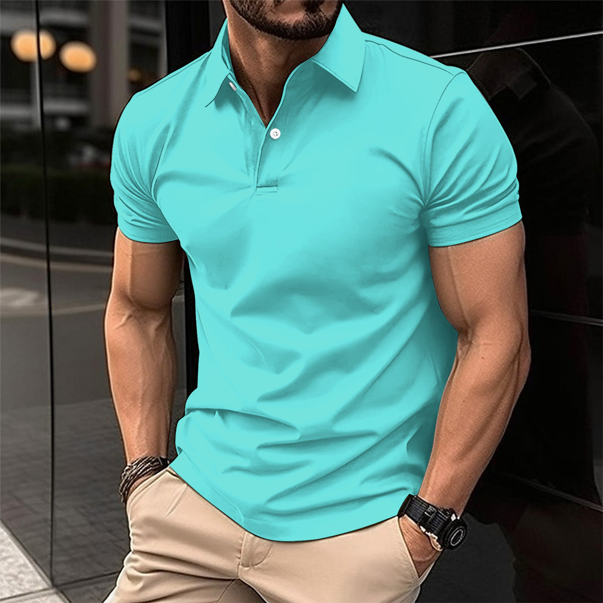 Summer Short Sleeve Polo Shirt Men Solid Color Button Lapel Button Top